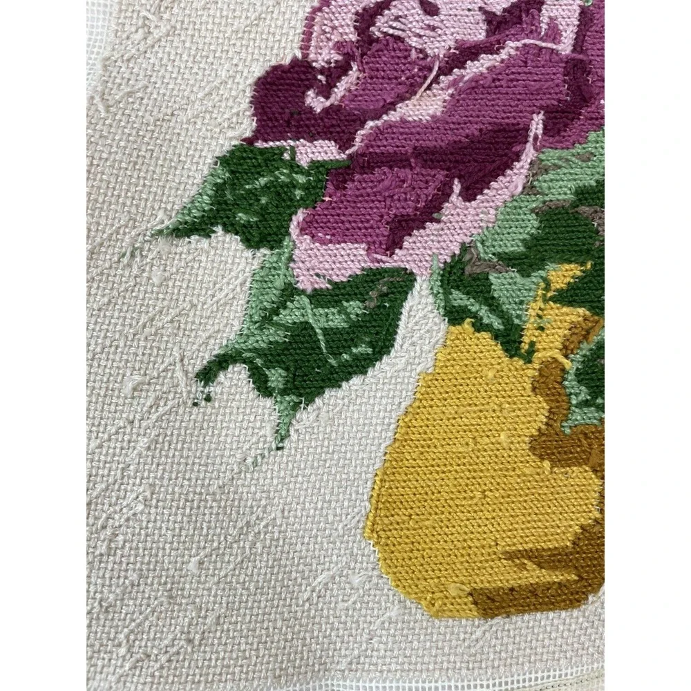 Vintage Needlepoint  13x13 Completed Unframed Pink Roses in Gold Vase‎